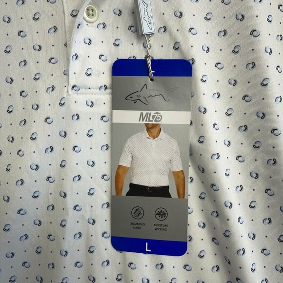 NEW Greg Norman ML75 Men's L Golf Polo Shirt White/Blue Circle Print - Picture 8 of 9